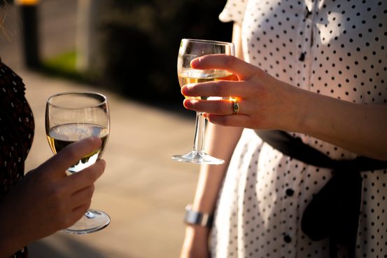 a close up of two women's hands holding glasses of white wine in sunshine