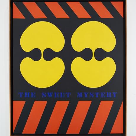 A painted panel with a pair of yellow shapes surrounded by red diagonal lines. Text reads The Sweet Mystery.