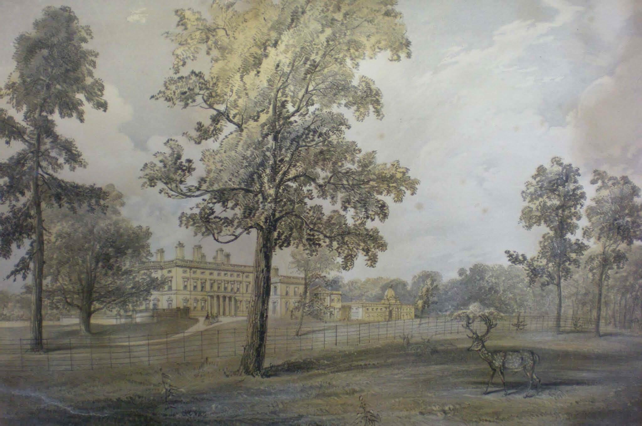 Landscape painting of historic hall surrounded by trees.