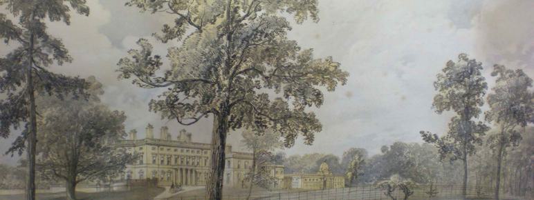 Landscape painting of historic hall surrounded by trees.