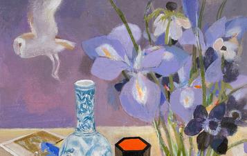 A still life painting of a vase of flowers and decorative glasses, with a flying owl in the background.