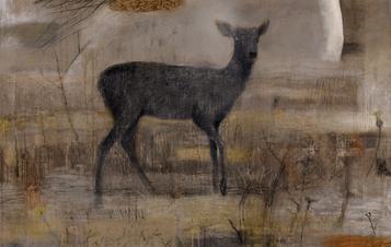 Painting of a black deer in an autumnal landscape