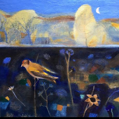 painting of a landscape with dark coloured flowers and bird perched on a twig