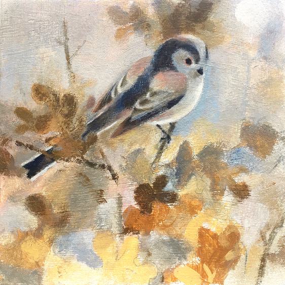 Painting of a small bird perched on a branch in bloom