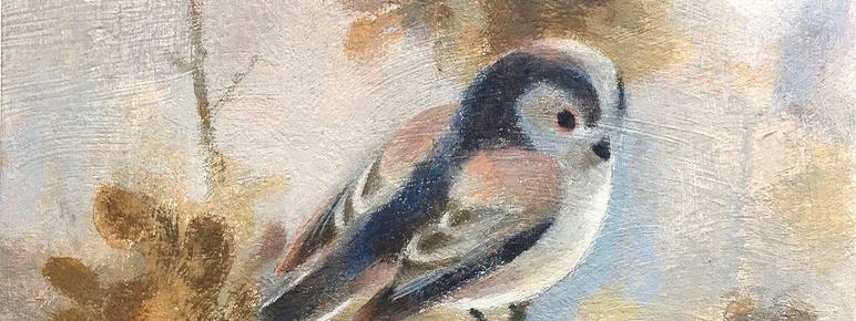 Painting of a small bird perched on a branch in bloom