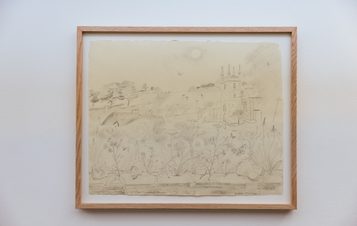 A framed drawing depicting a historic building surrounded by a menagerie of animals, displayed on a white wall.