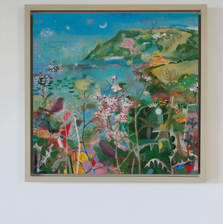 A framed abstract painting depicting a landscape with birds, flowers and foliage, displayed on a white wall. Two similar paintings are displayed on either side.