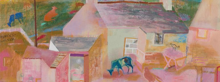 A vibrant, abstract landscape featuring pastel hues. The scene includes stylised houses, a winding path, and various animals, such as horses and birds. The sky is softly illuminated, creating a dreamlike atmosphere over the rural setting.