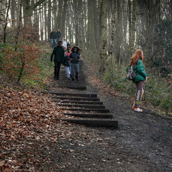People walking on a series of wooden steps cut into a hillside. Trees are in the background.
