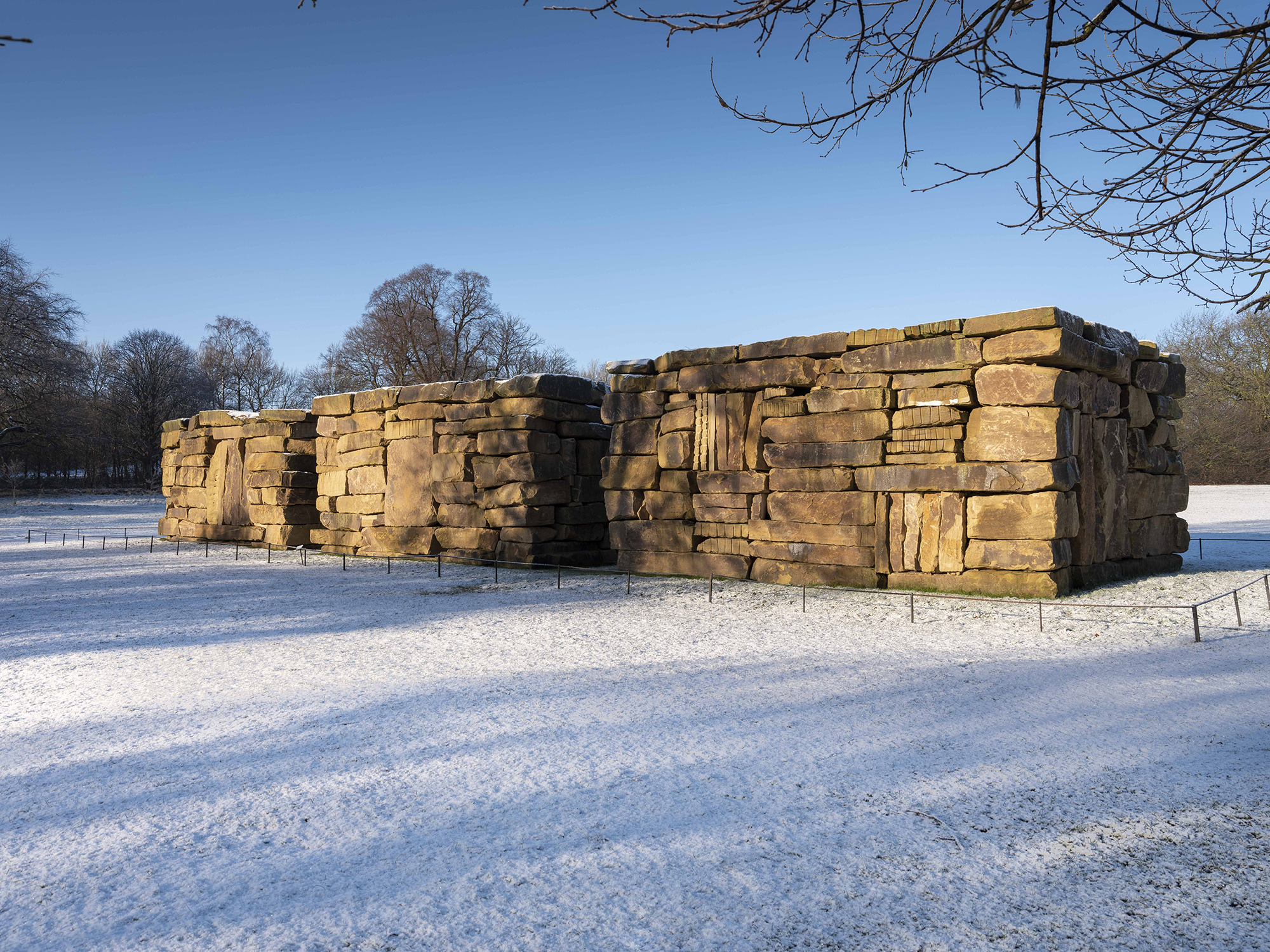 Sean Scully, Wall Dale Cubed, 2018 in the snow Courtesy the artist and YSP at Yorkshire Sculpture Park