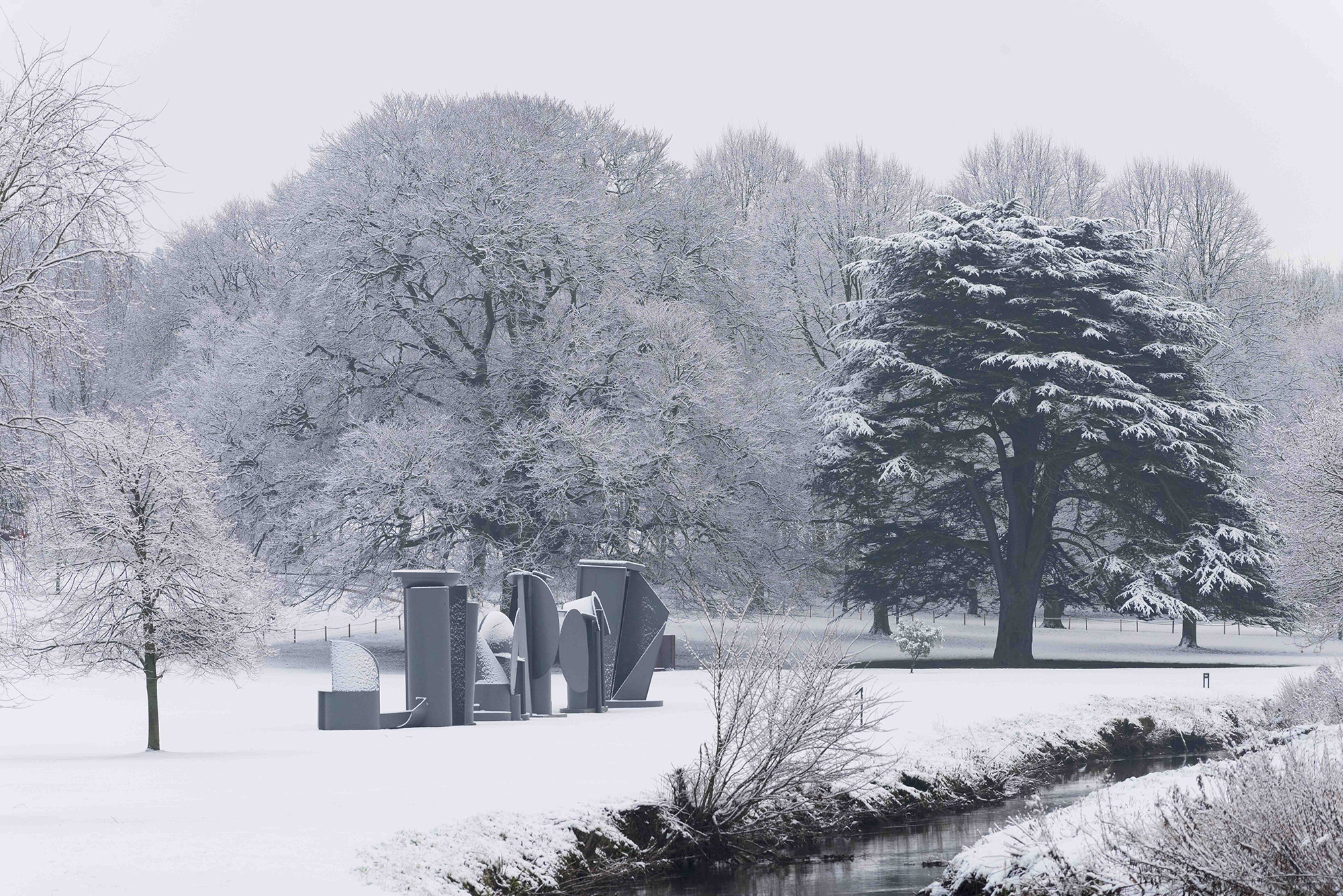 Anthony Caro, Promenade, 1996 in the snow at Yorkshire Sculpture Park
