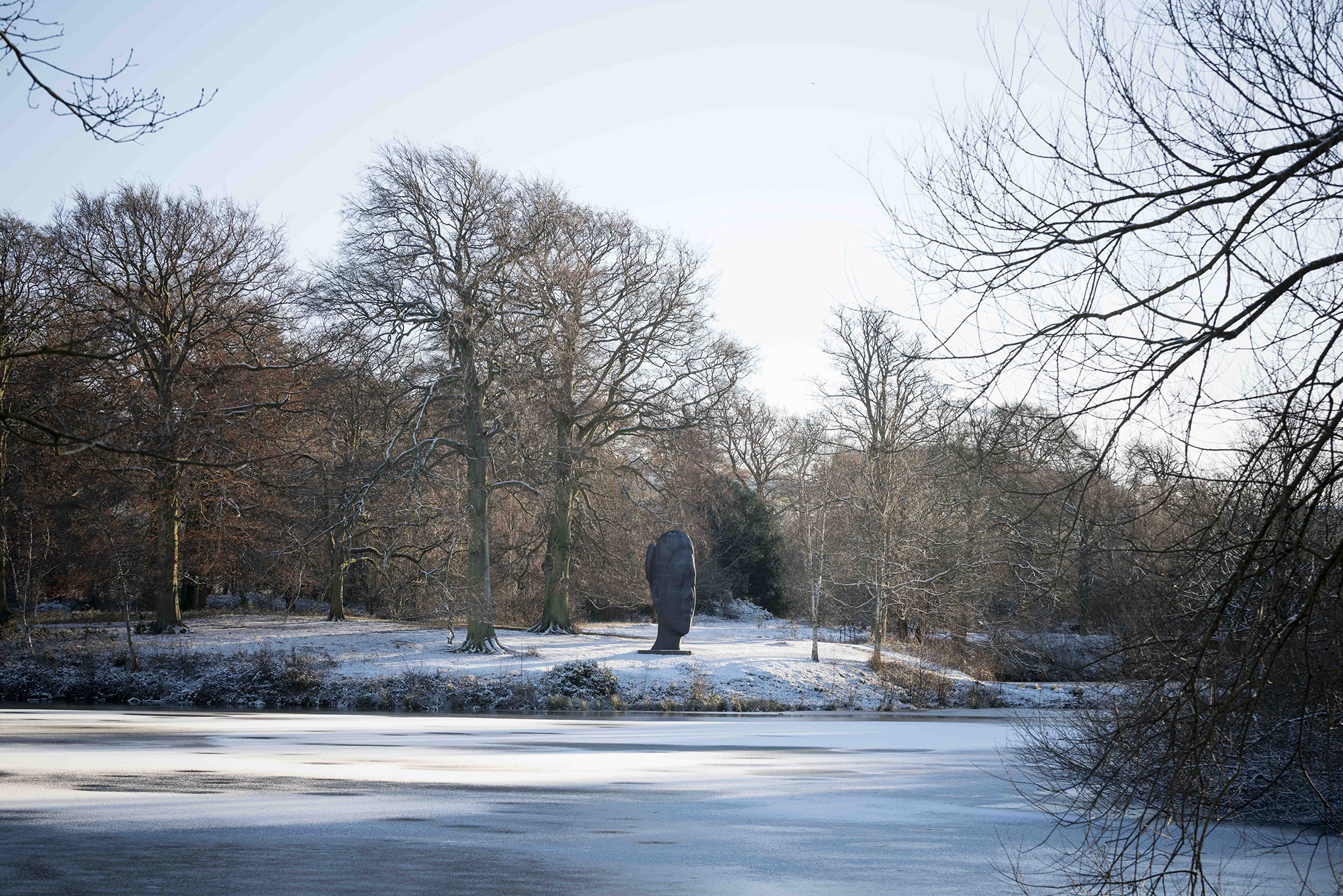 Jaume Plensa, Wilsis in the snow at Yorkshire Sculpture Park
