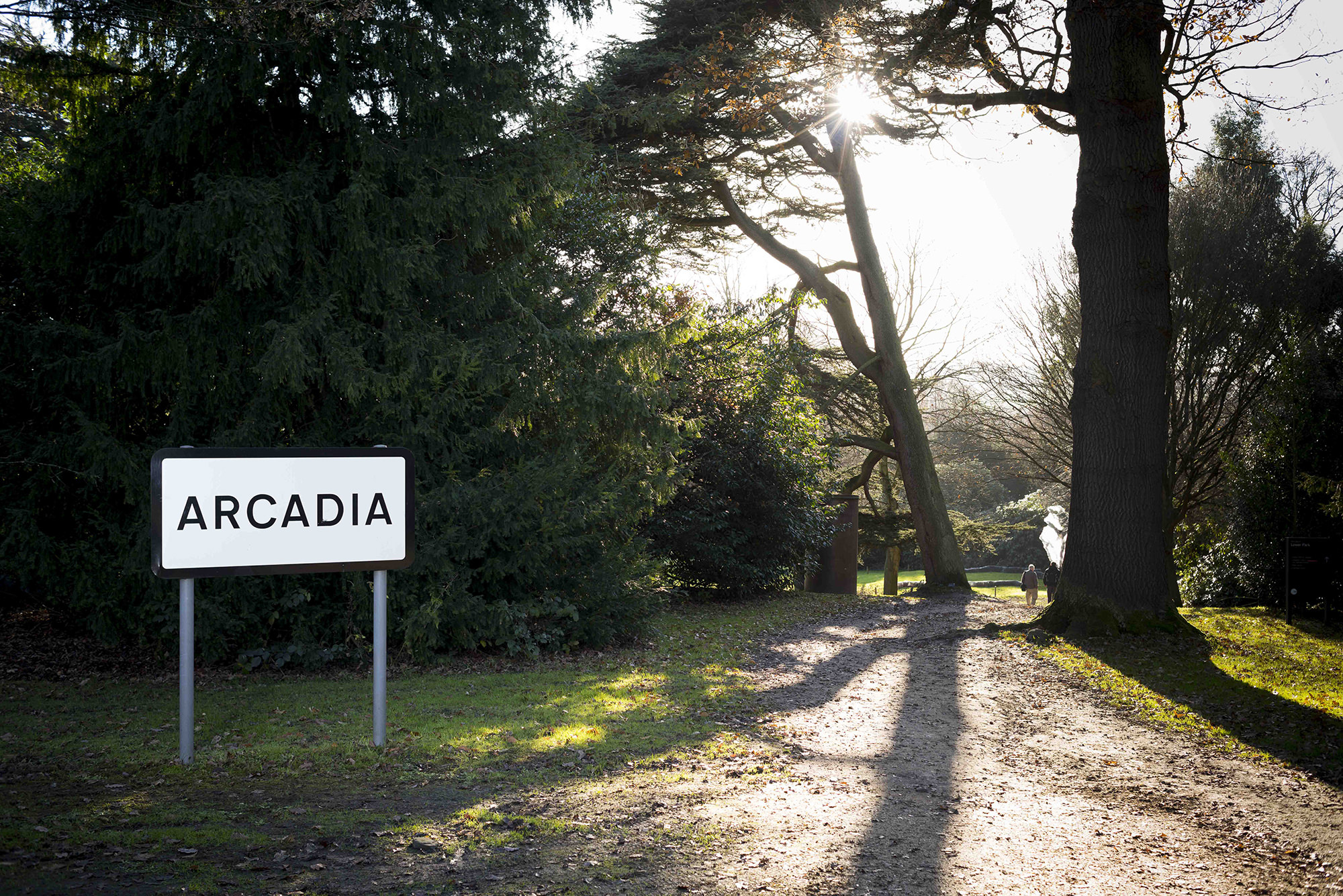 A white road sign with ARCADIA in black letters, outdoors near to some trees