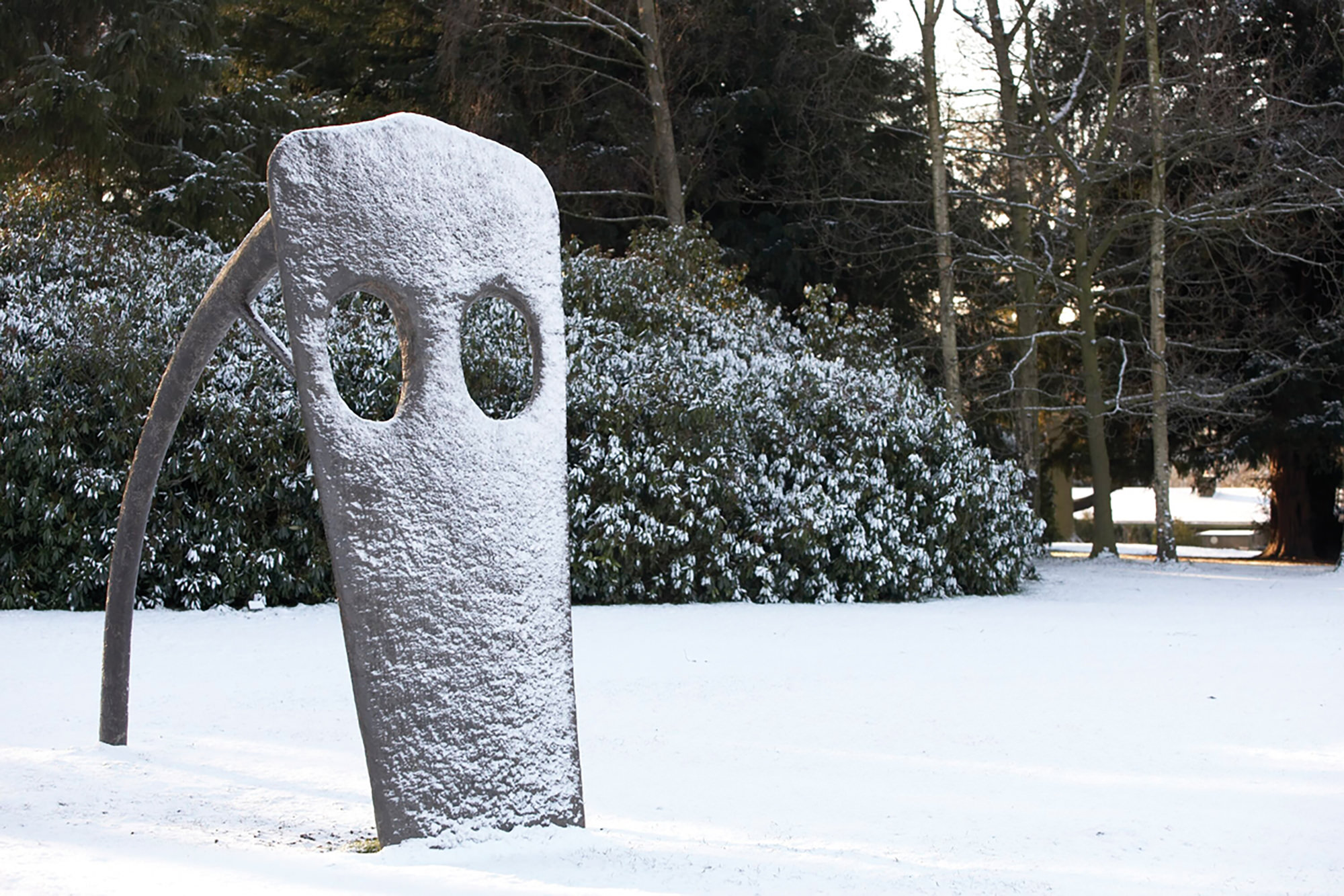 William Turnbull Large Horse 1990 in the snow, Courtesy the artists estate and YSP at Yorkshire Sculpture Park