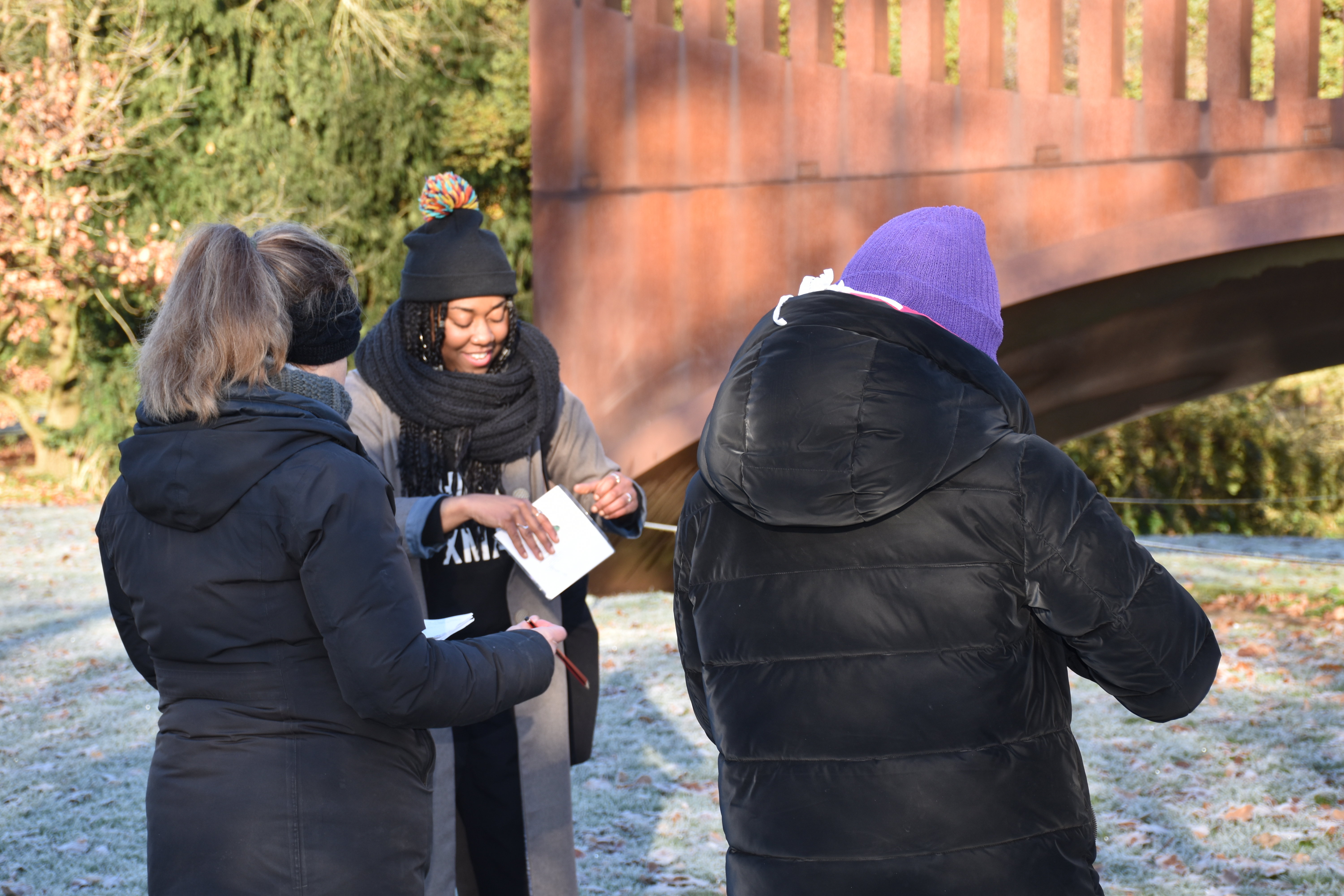 A group of people wearing winter hats and scarves looking at a bronze bridge-like sculpture outdoors.