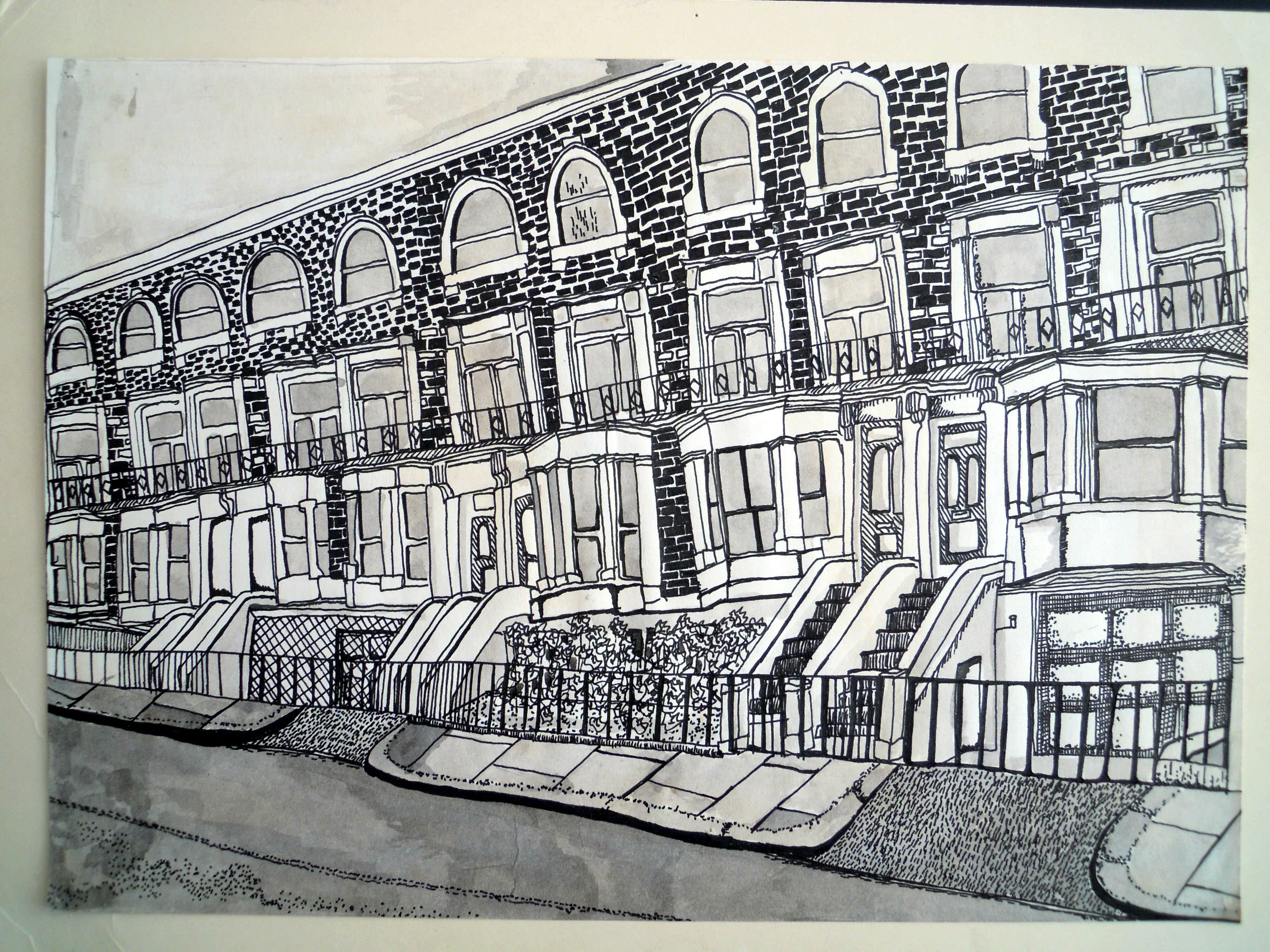 A pen and ink drawing of a row of terraced houses