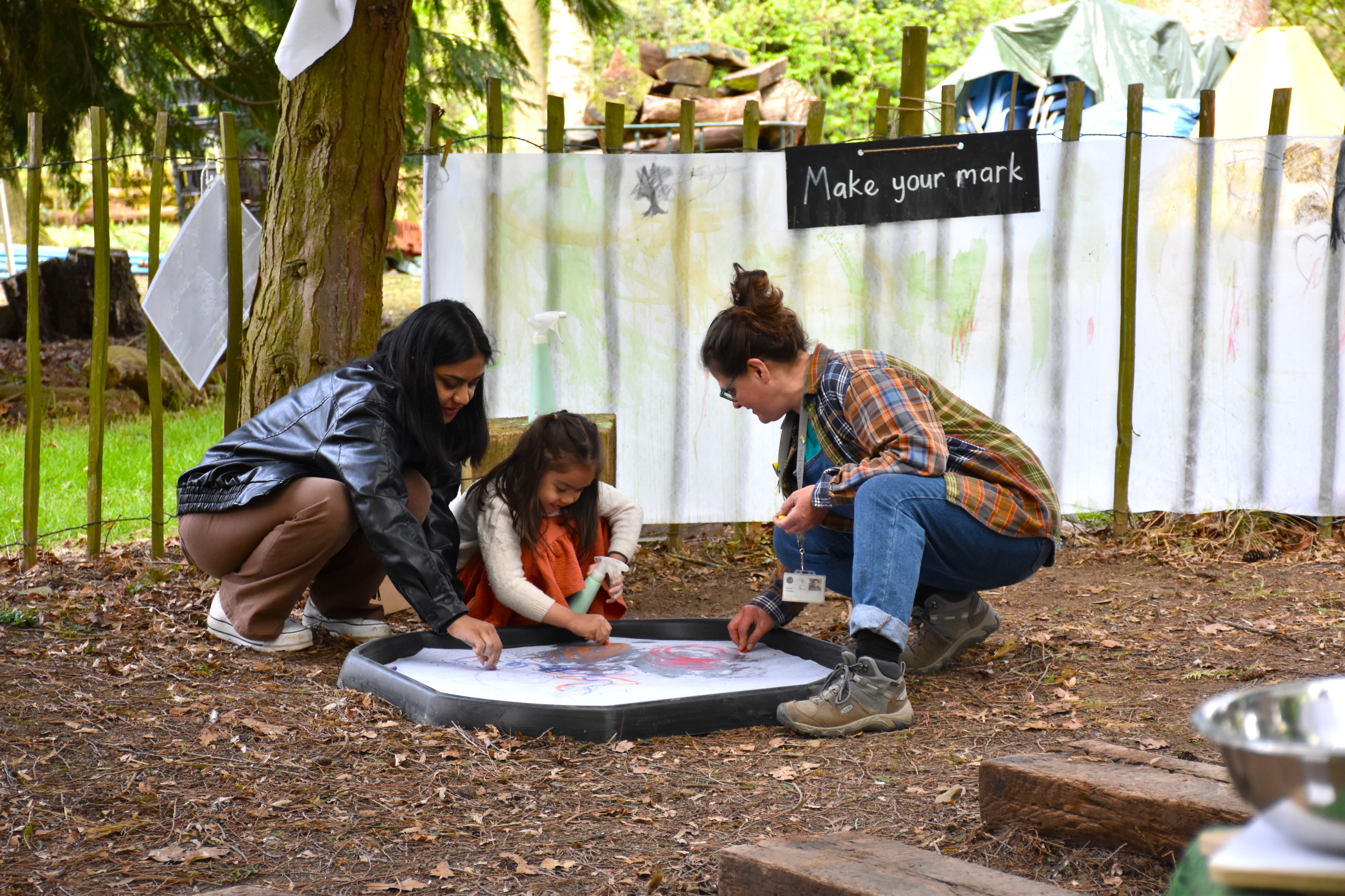 Two adults and a child drawing on a large sheet of paper outdoors.