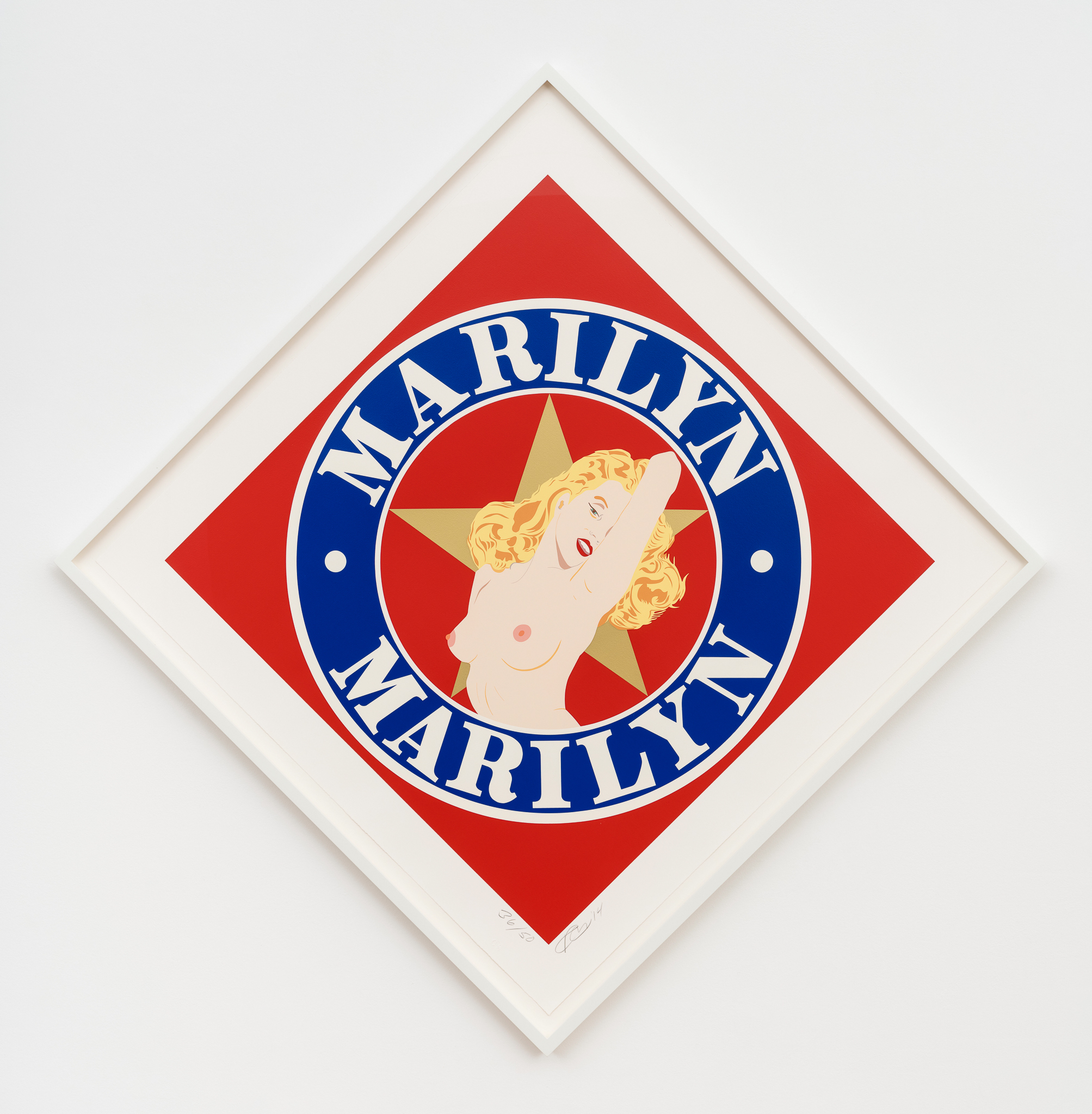A red diamond shaped serigraph with a pop art image of a topless Marilyn Monroe. White on blue circular text reads MARILYN MARILYN