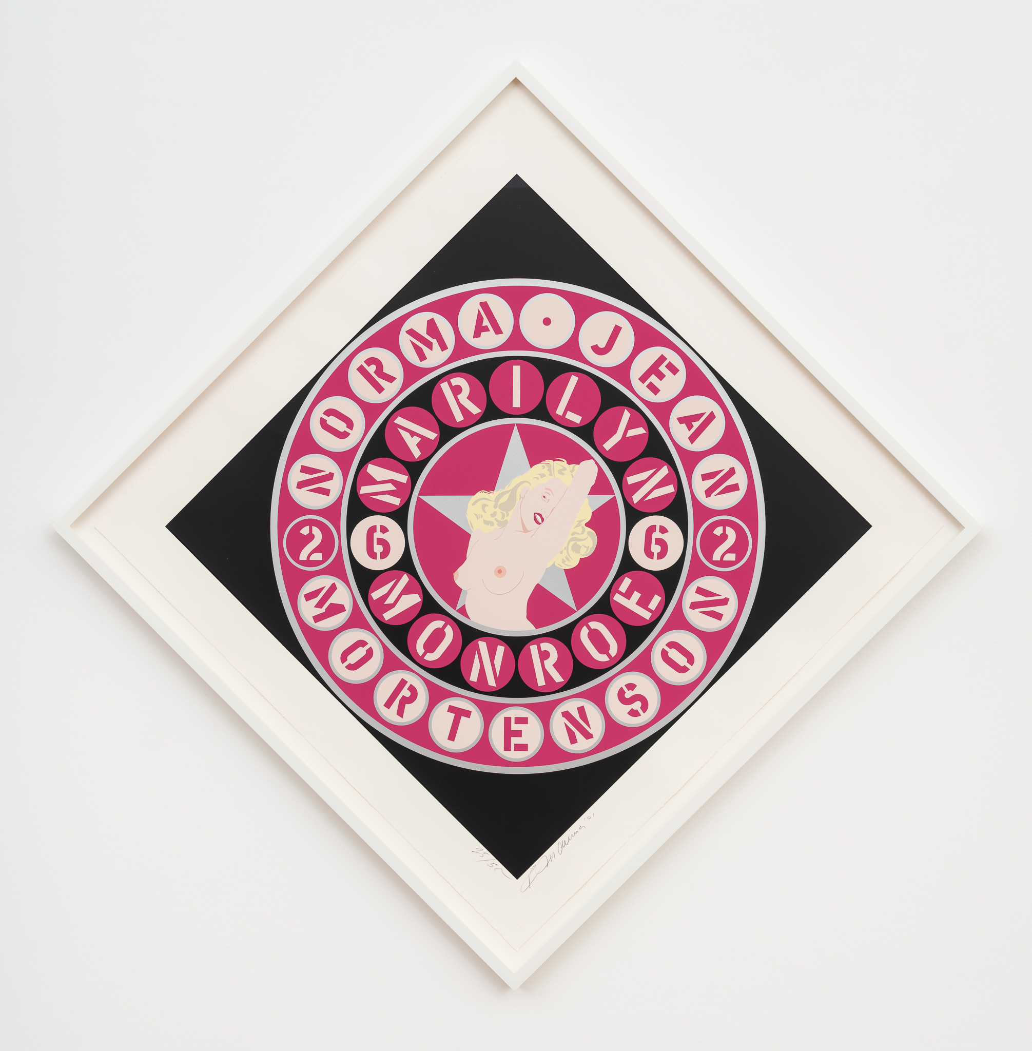 A black diamond shaped serigraph print with a pop art image of a topless Marilyn Monroe. Red circular text reads NORMAL JEAN MORTENSON, MARILYJN MONROE 26 62