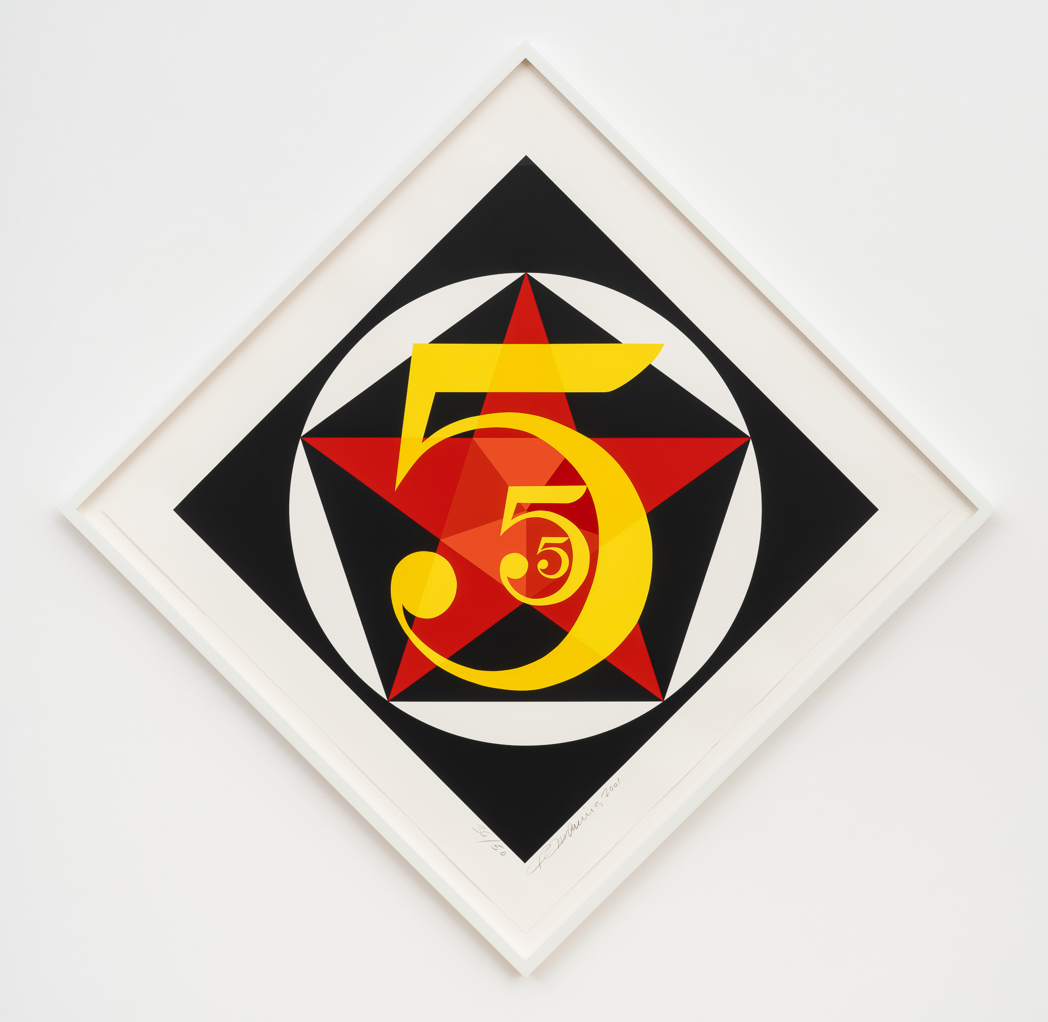 A black diamond shaped pop art image with repeating yellow 5s over a red star