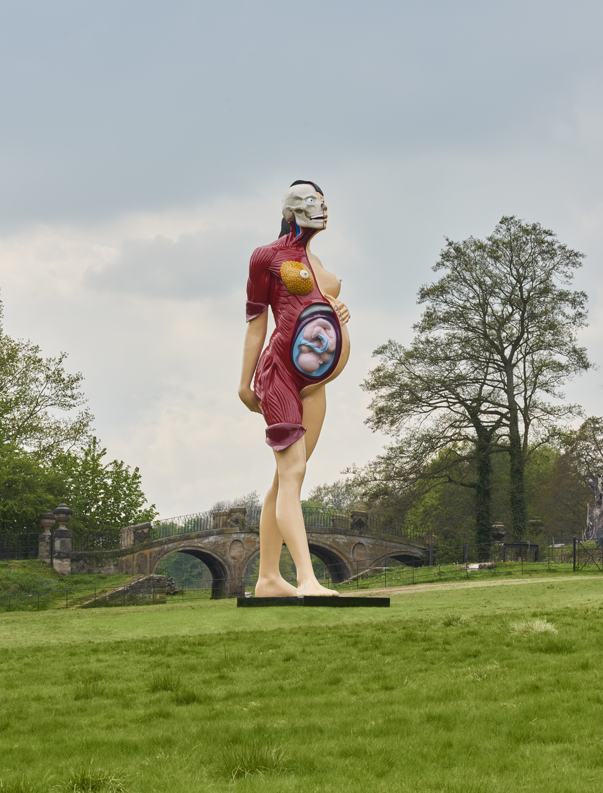Anatomical sculpture of a pregnant woman and fetus in the parkland at YSP.