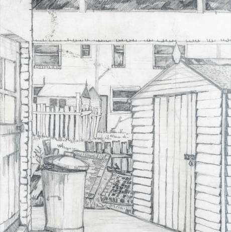 A child's pencil drawing of a garden scene