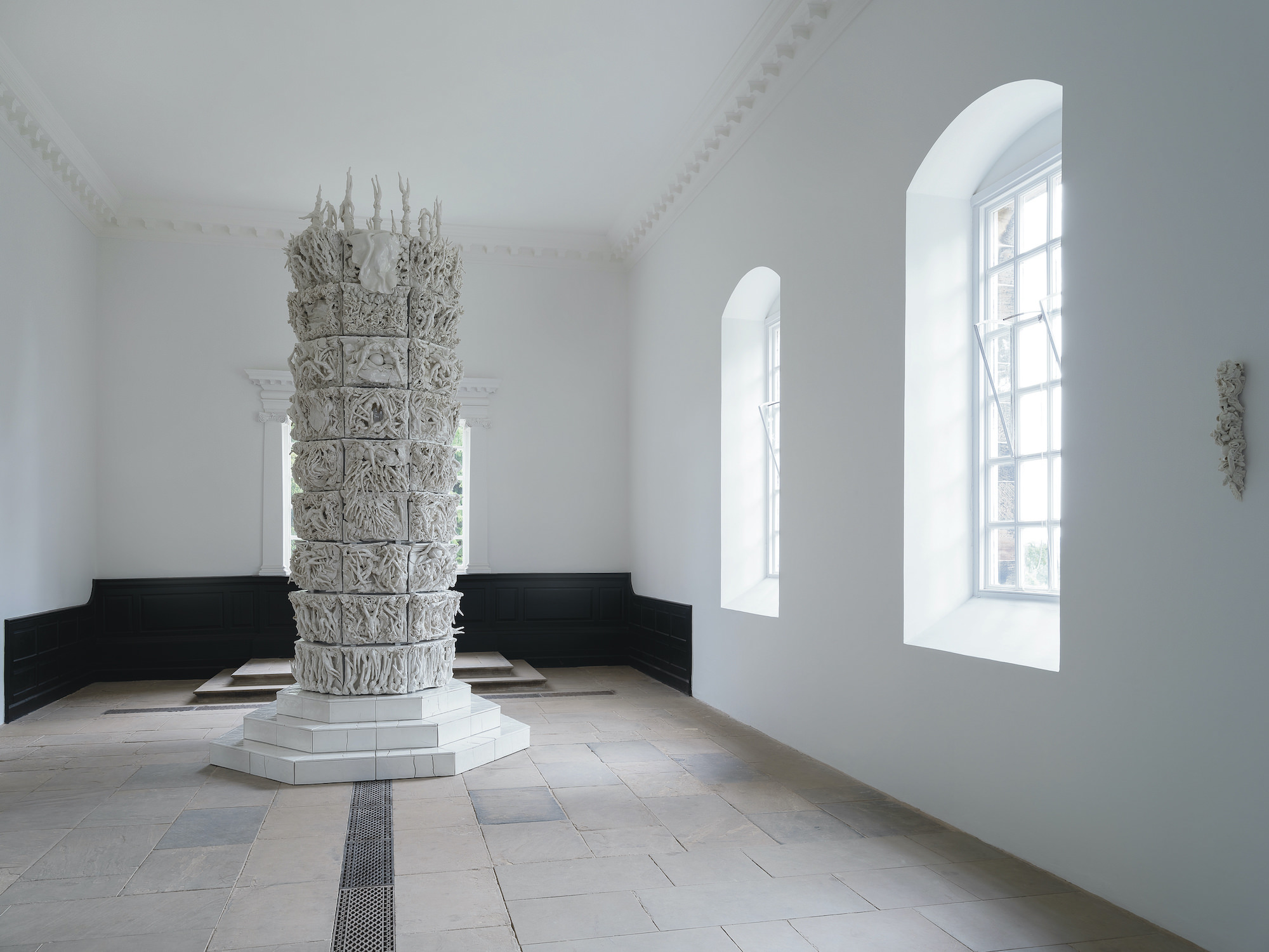 Nine-tiered porcelain column sculpture in the Chapel at YSP.