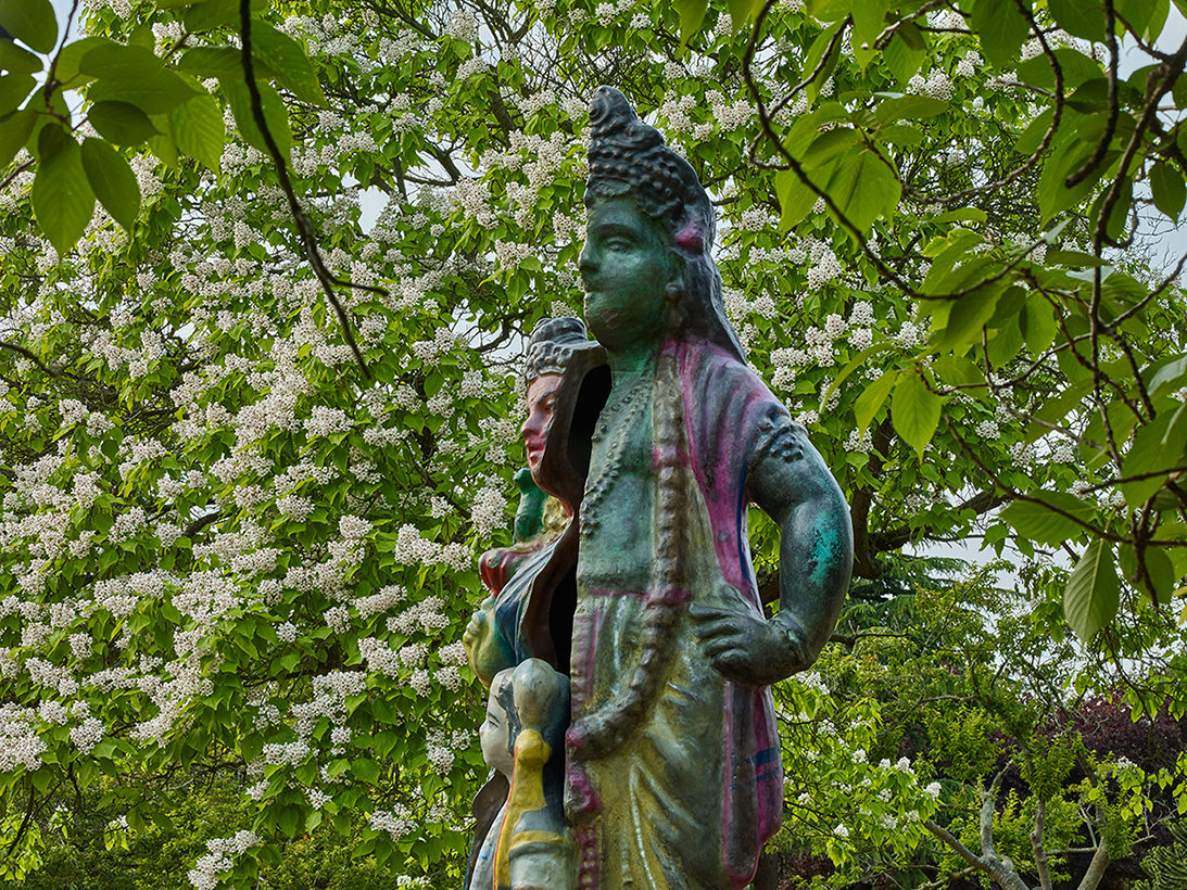 A rainbow coloured statue of an Indian woman surrounded by trees in blossom.
