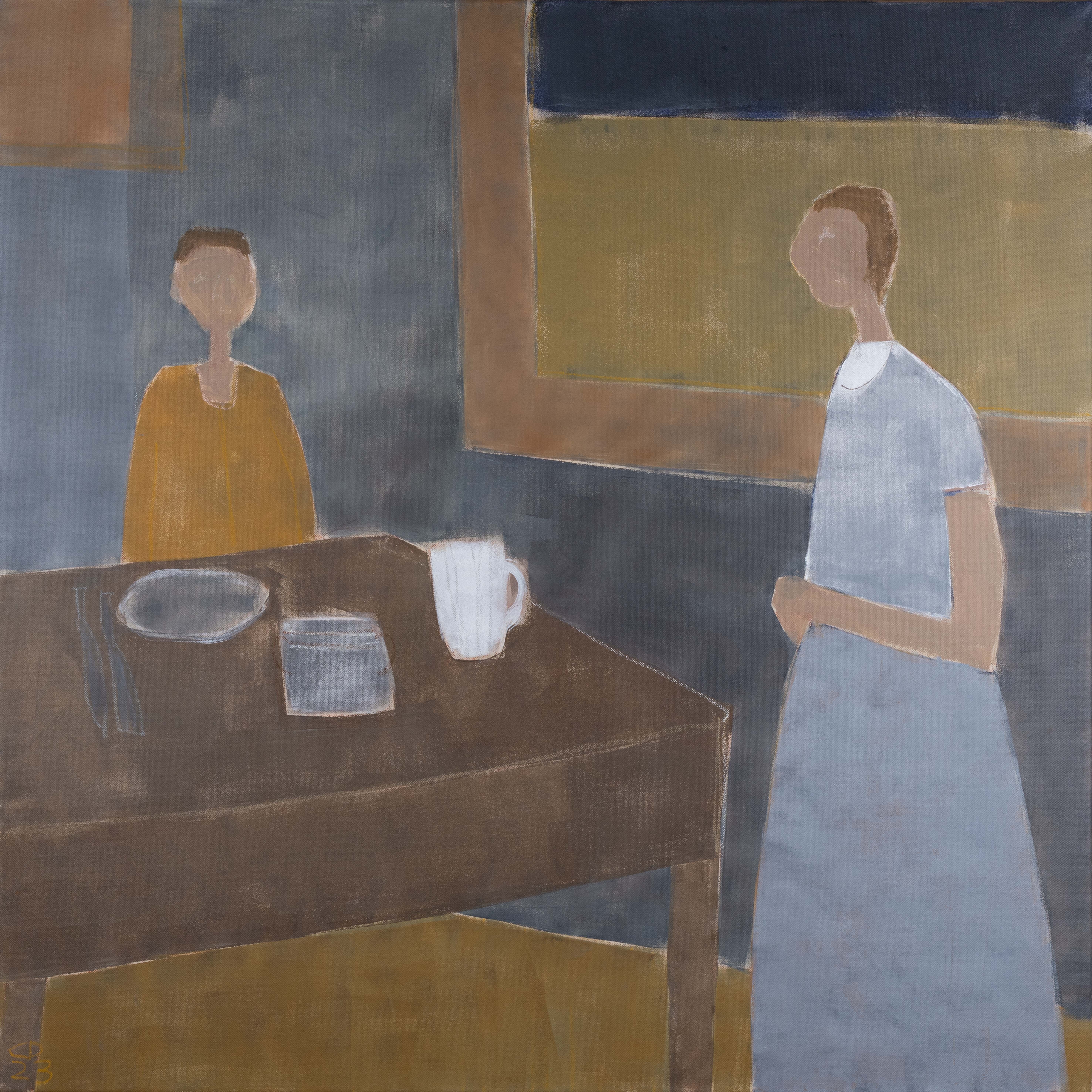 A painting of two figures next to a table.