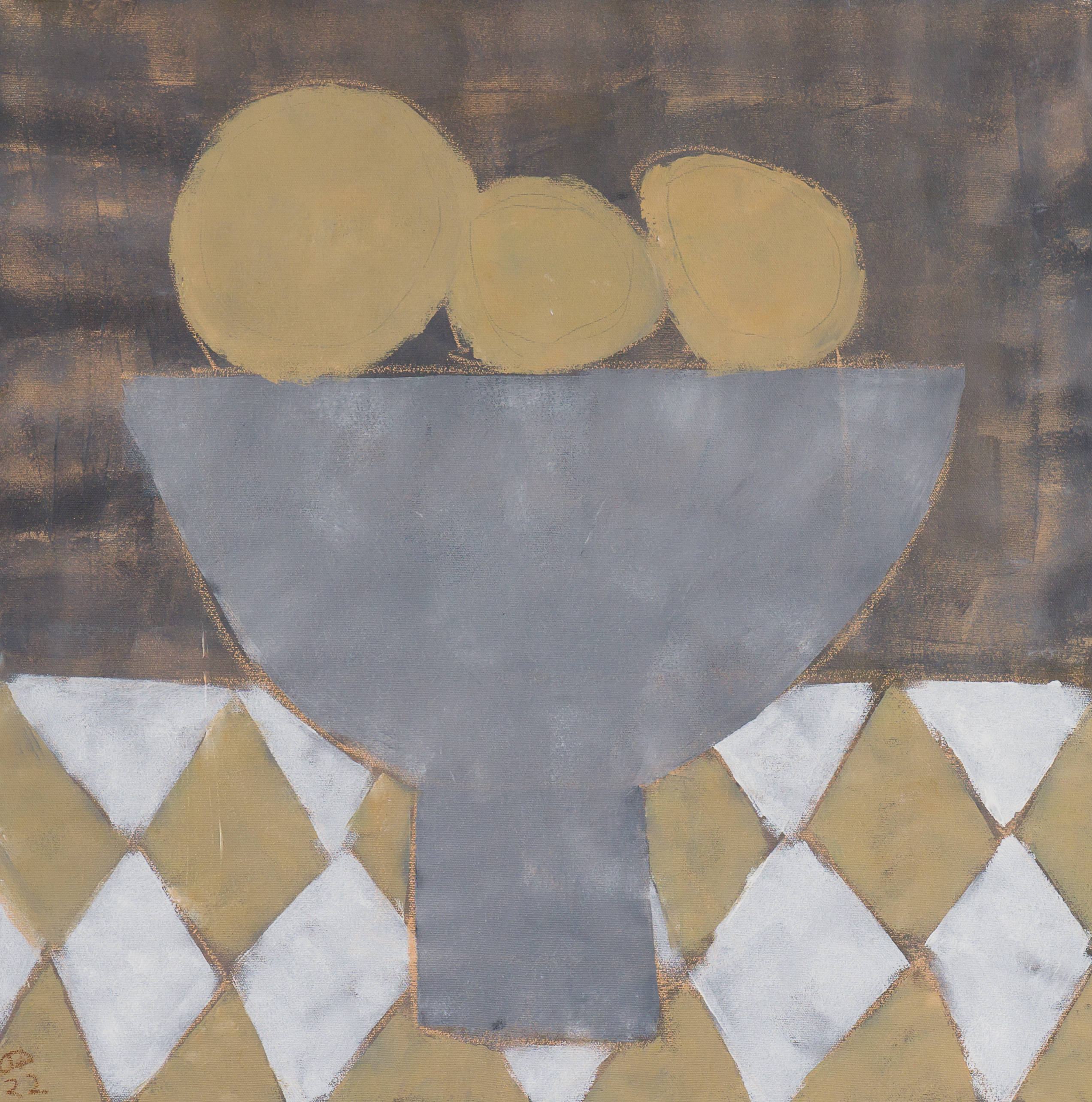 A painting of a bowl of fruit on a checked table cloth.