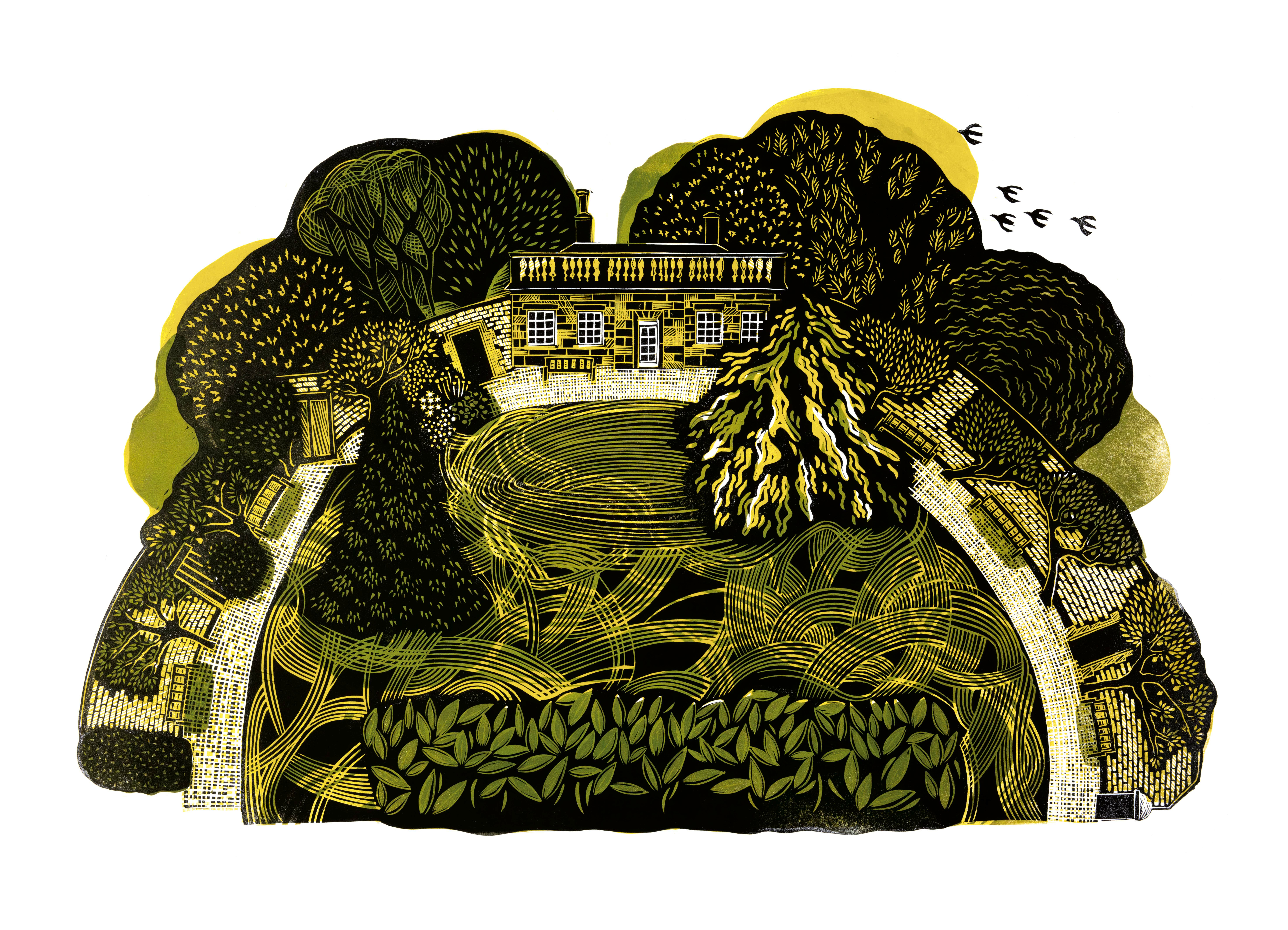 A lithograph print of a garden in shades of yellow and green