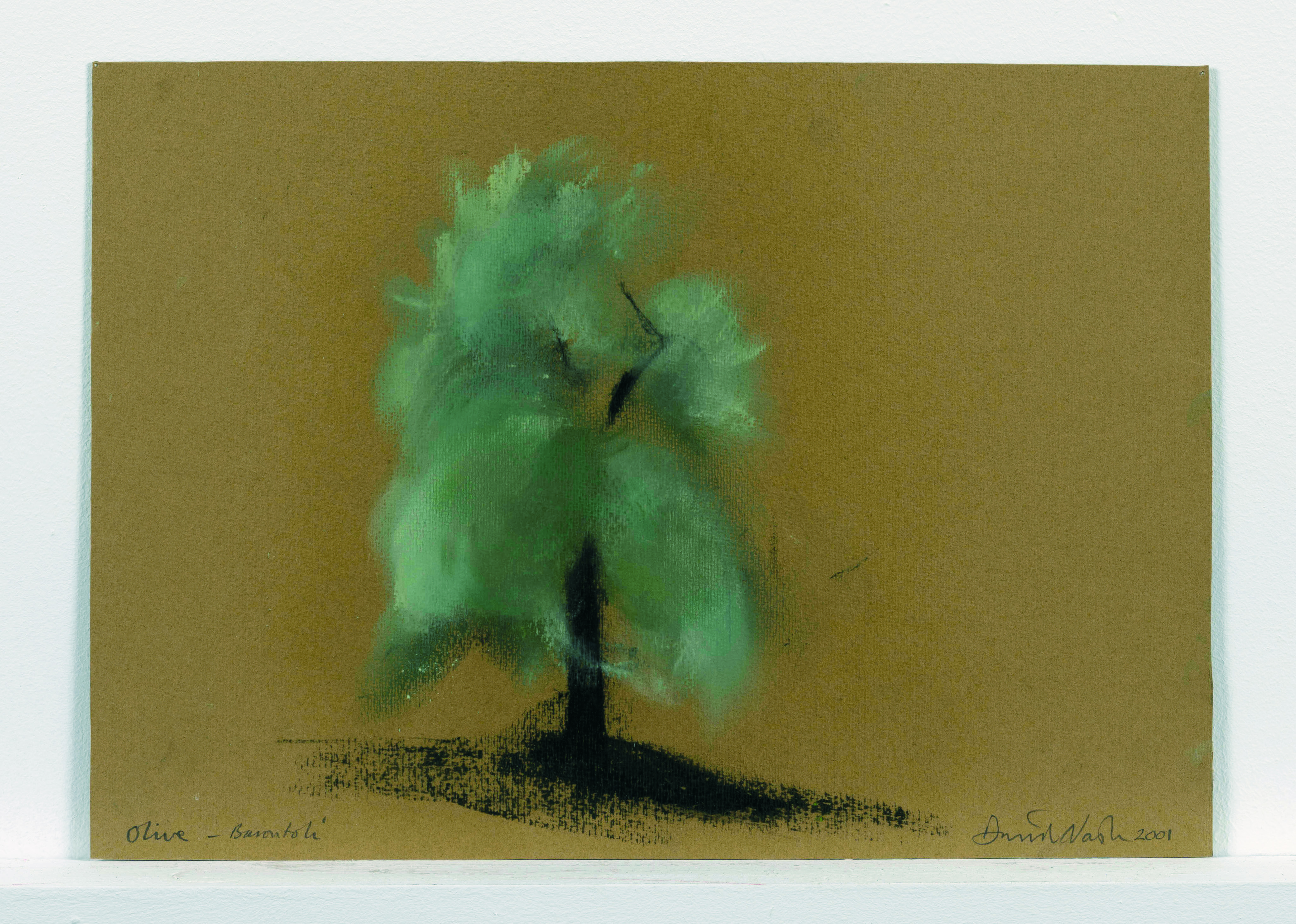 Pastel drawing of a green tree on paper.