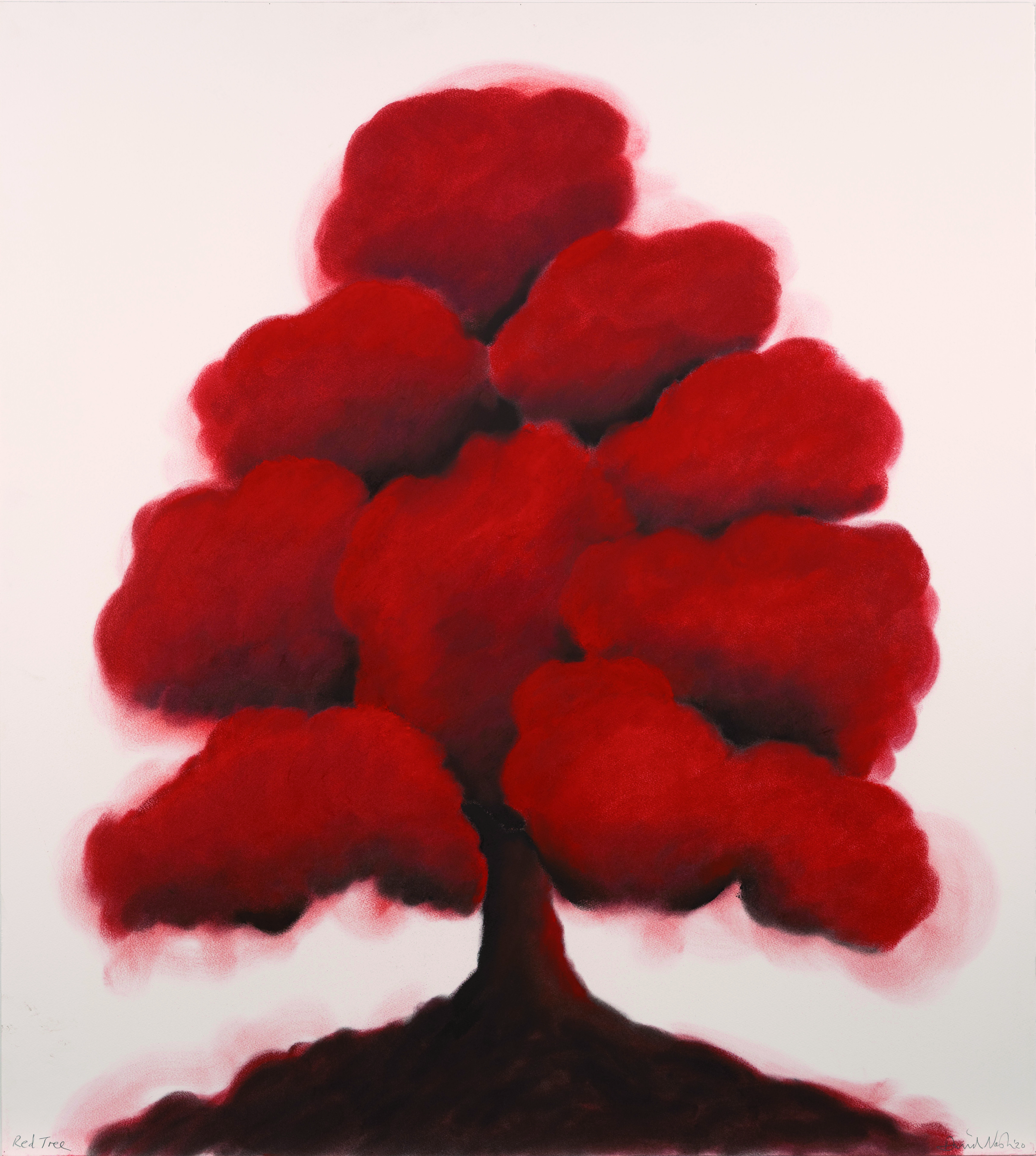 Pastel drawing of a red bushy tree on paper.