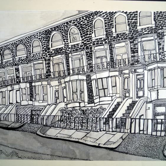 A pen and ink drawing of a row of terraced houses