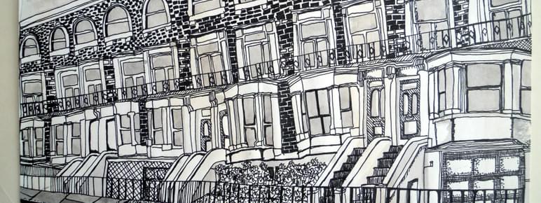 A pen and ink drawing of a row of terraced houses