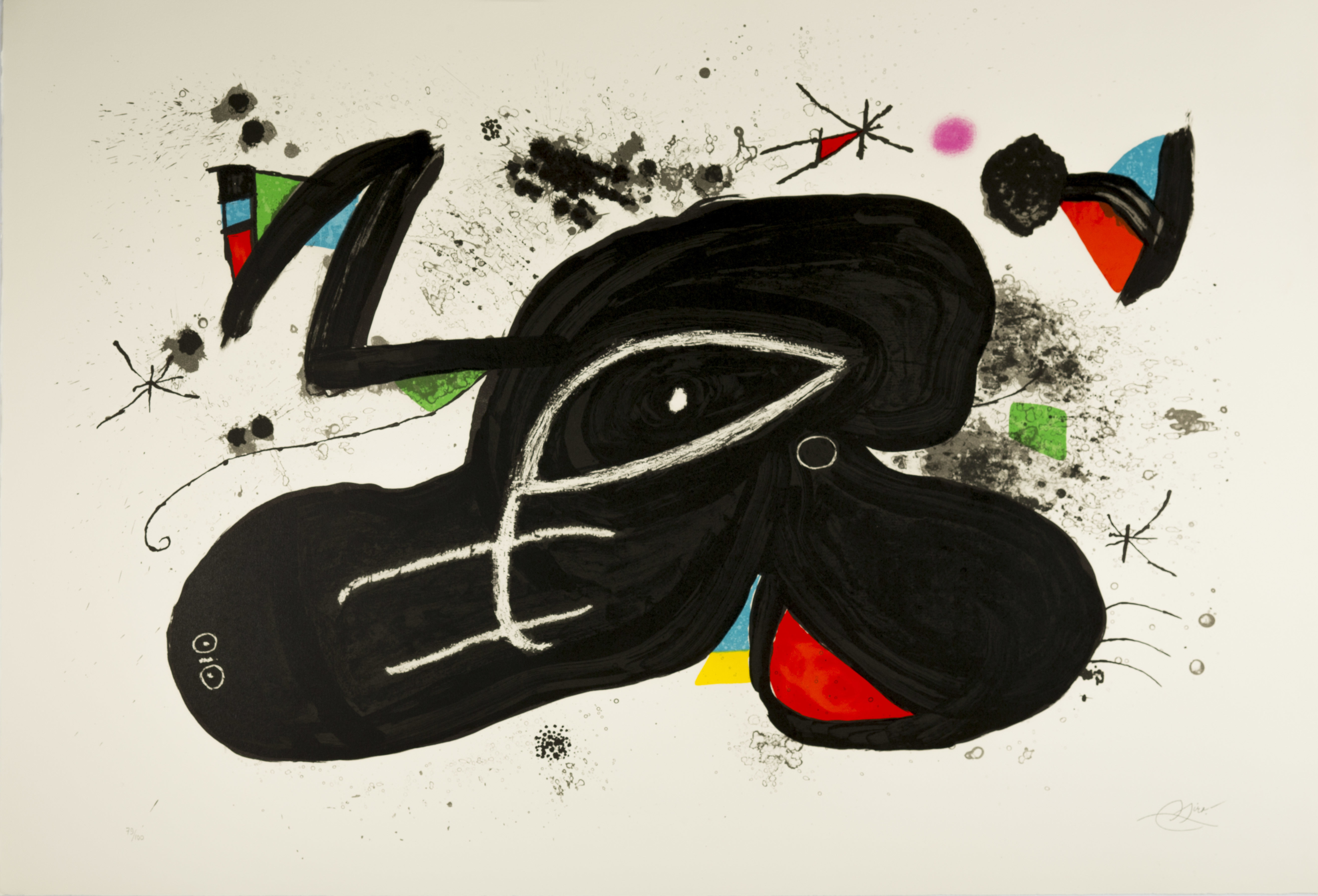 An abstract print by Joan Miro, with black red and blue shapes.