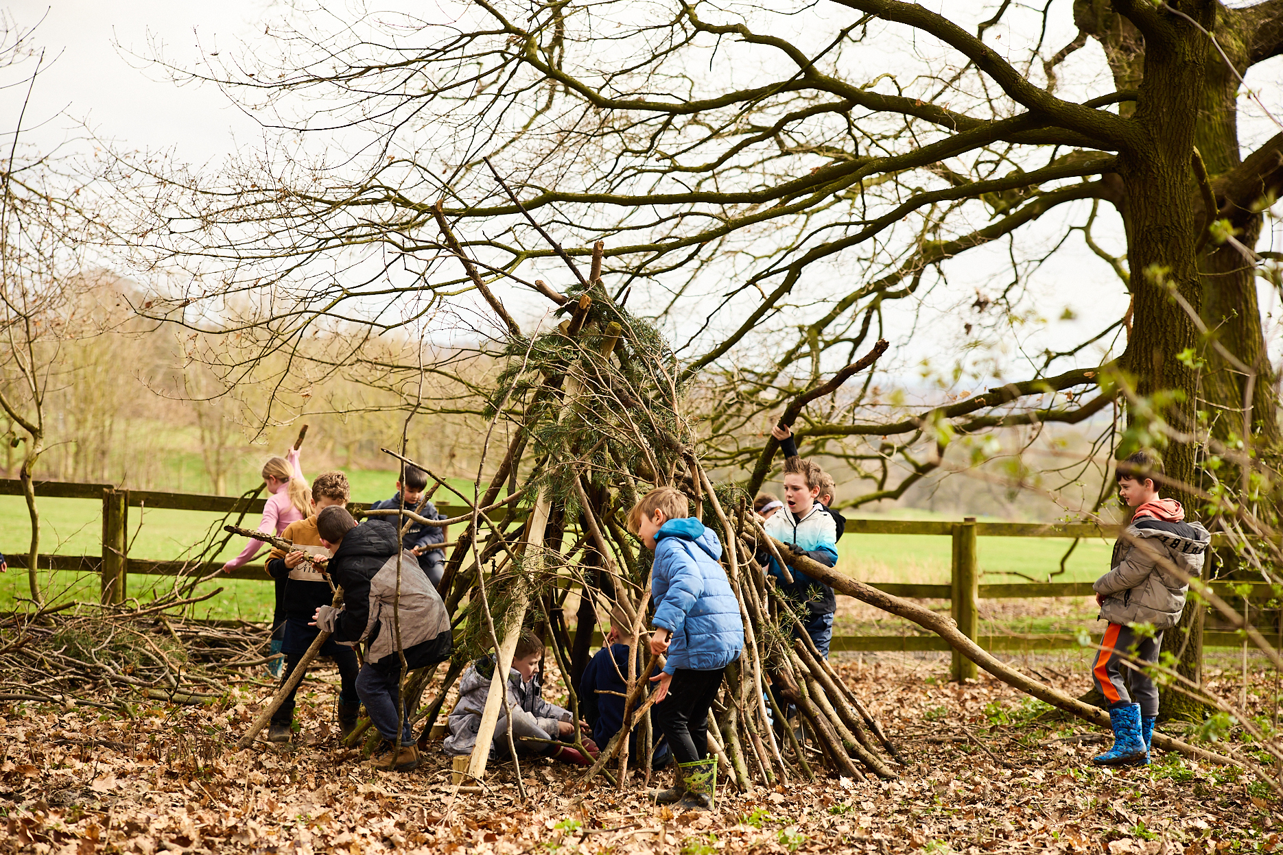 A group of children building a den out of sticks.