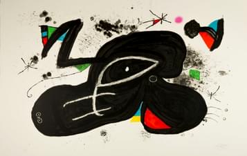 An abstract print by Joan Miro, with black red and blue shapes.