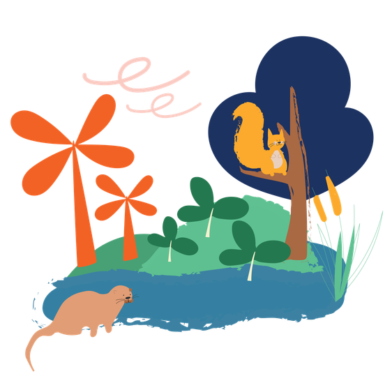 An illustration of trees and animals.