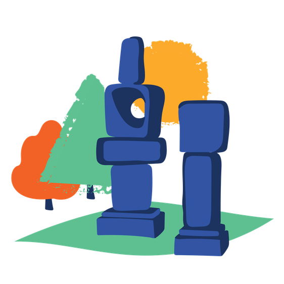 Illustration of two abstract sculptures with trees behind them.