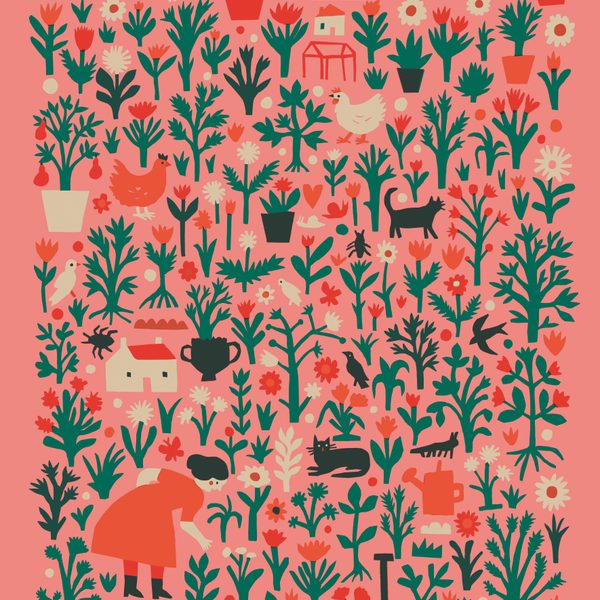 A vibrant, whimsical illustration featuring a variety of plants, flowers, and animals. It includes a person in a red dress tending to a garden, alongside chickens, a cat, a dog, and various potted plants, all set against a coral background.