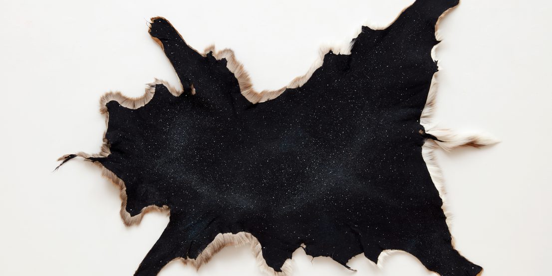 A dark, textured hide with a starry pattern, featuring soft, light-coloured fur along the edges. The hide is irregularly shaped and displayed against a plain white background, highlighting its unique design and natural beauty.