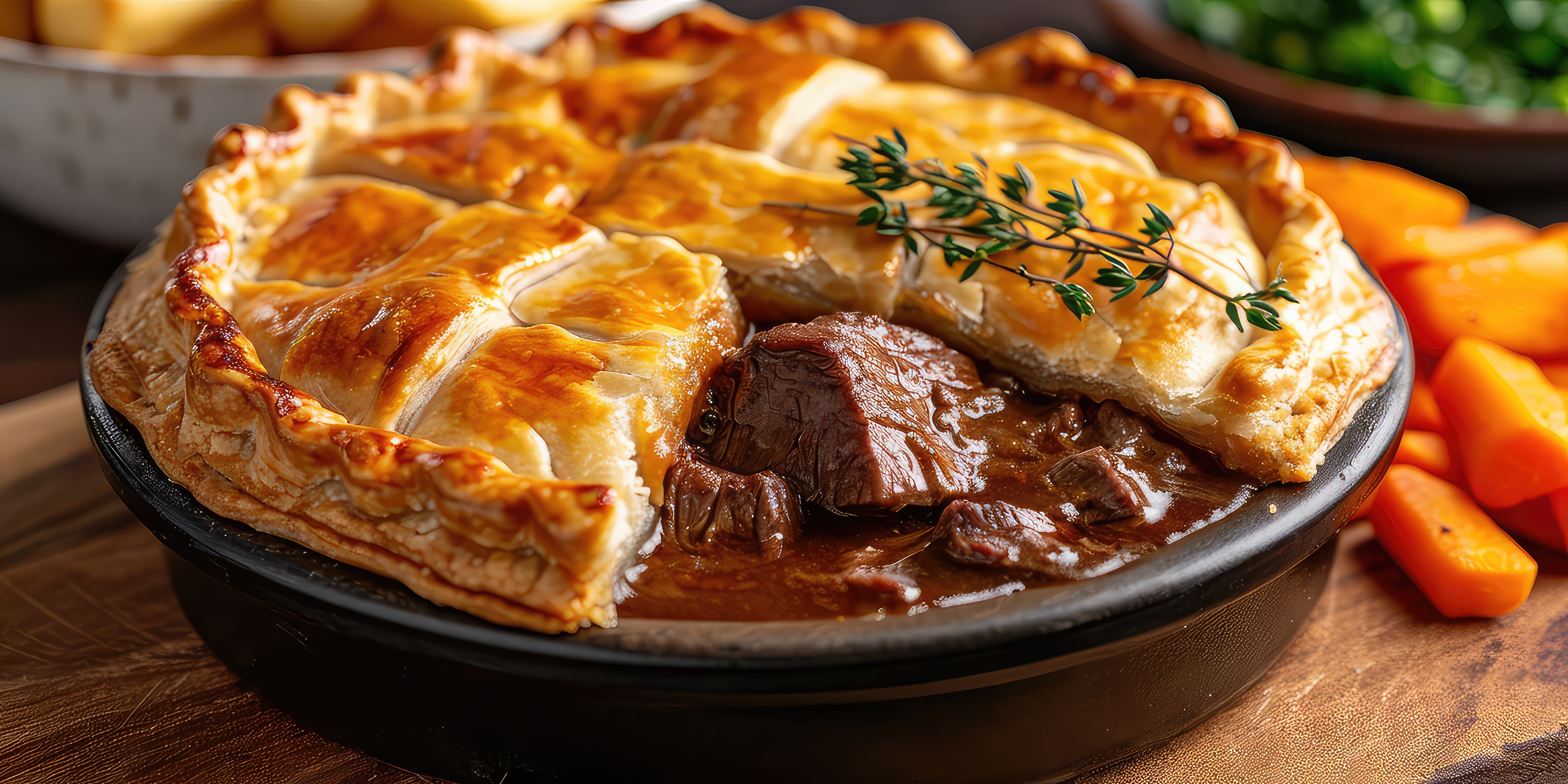 A close up of a steak pie with golden crust
