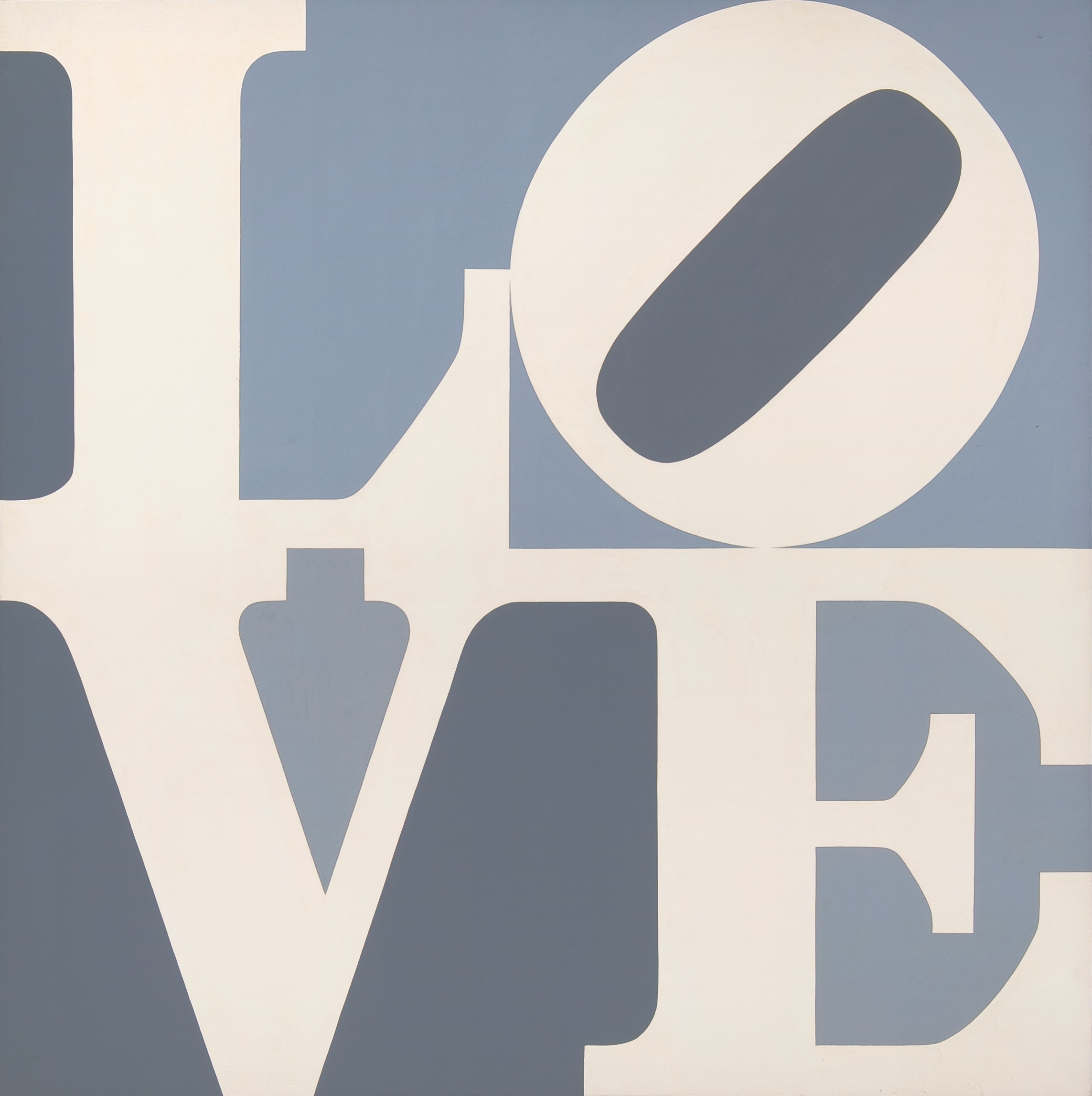A grey and white pop art print made up of the letters L O V E