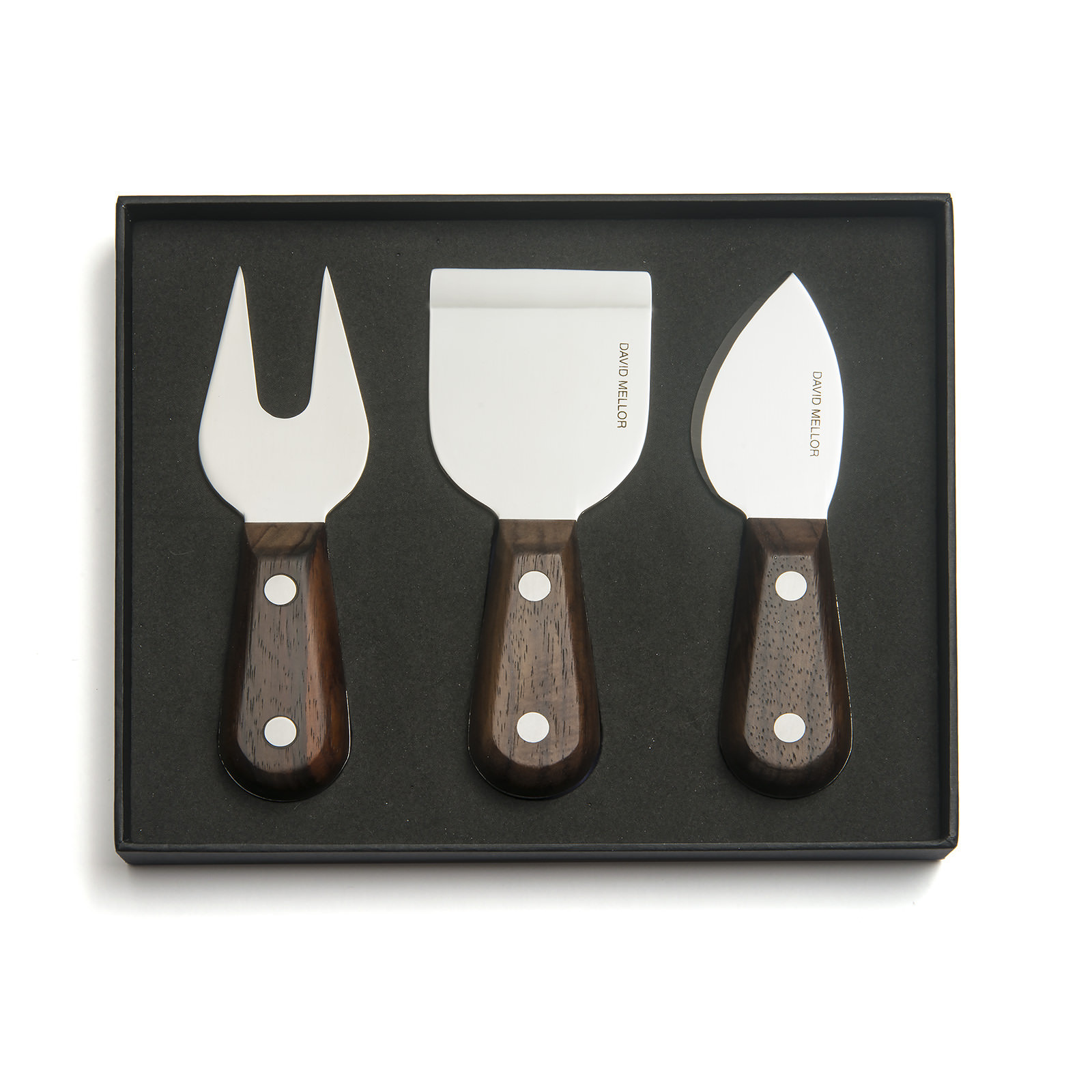 Three wooden cheese knives with silver blades