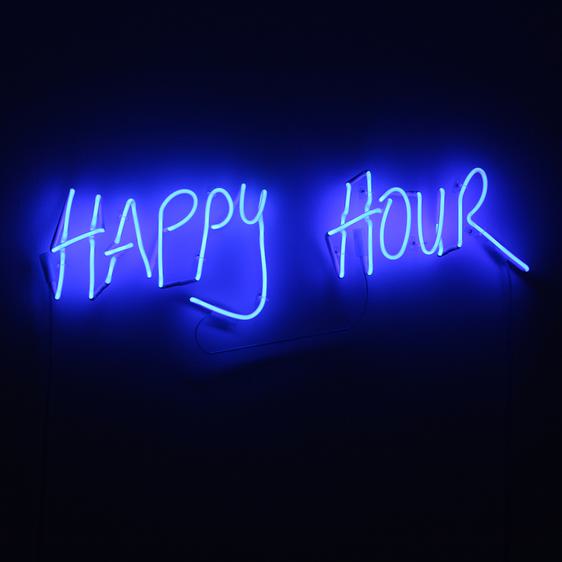 A blue neon sign reading HAPPY HOUR