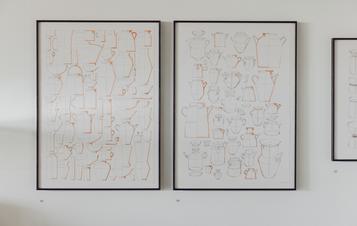 Two framed drawings on paper of teapots and lidded vessels
