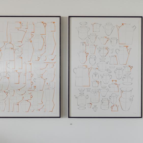Two framed drawings on paper of teapots and lidded vessels