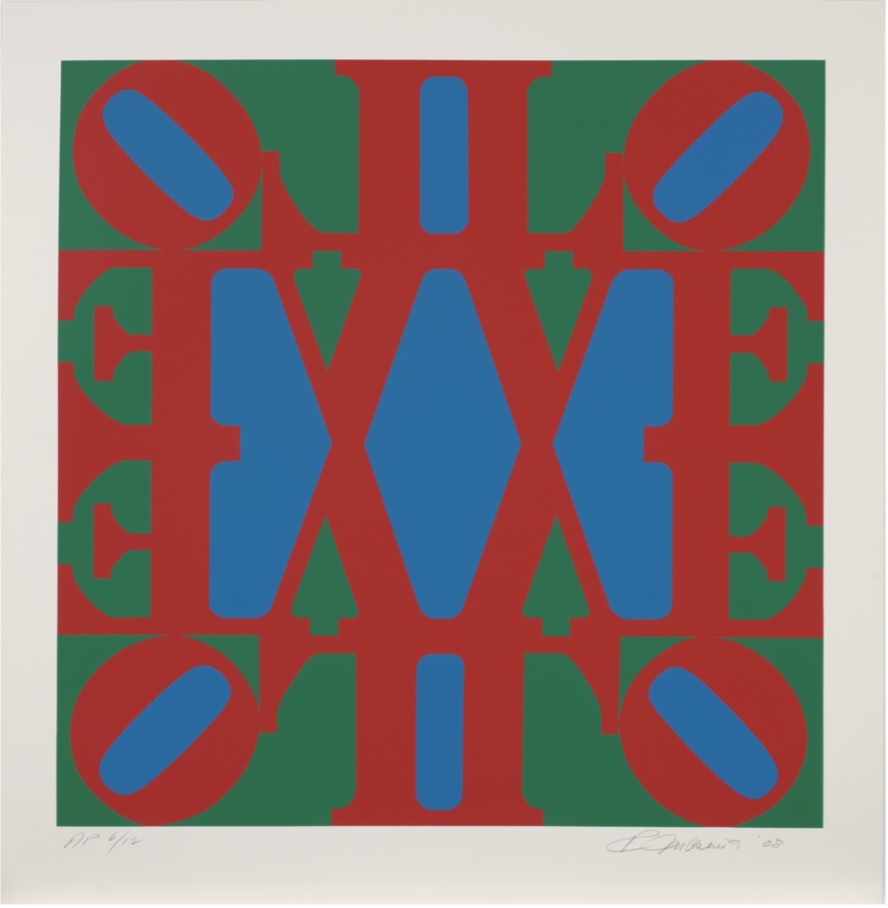 A red, blue and green print with repeated letters spelling the word LOVE