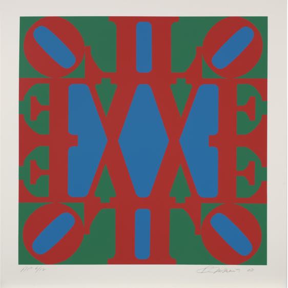 A red, blue and green print with repeated letters spelling the word LOVE